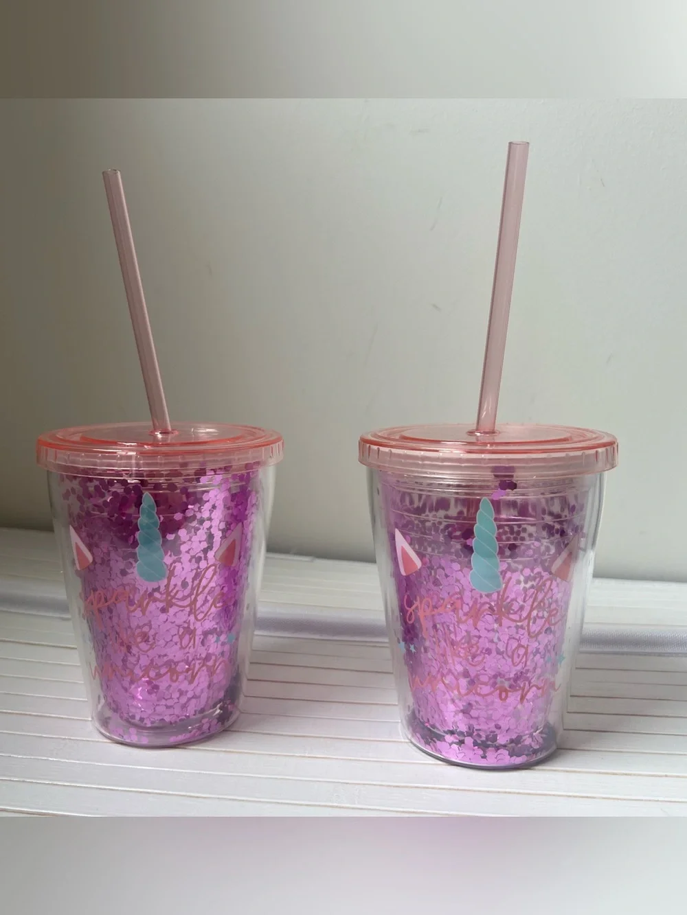 Kids Unbranded Pink Unicorn Glitter Double-Wall Tumbler with Straw